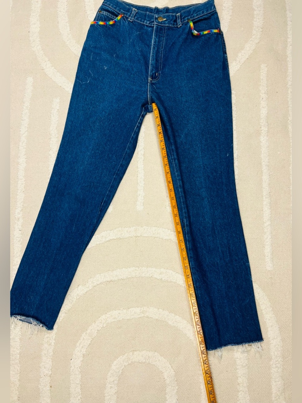 Vintage 1980s Chic High-Waisted Dark Wash Denim Jeans – Rainbow Embroidered - 28 - Picture 12 of 16